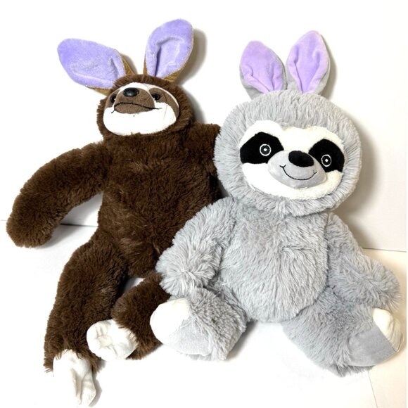 Sloth Plush with Bunny Ears Easter Stuffed Animal Toys Brown Gray Lot of 2 - Picture 1 of 11
